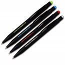 Schwarzer Kugelschreiber mit Textaufschrift und Toch-Pins in Farben Grün, Blau, Rot und Silber
