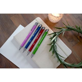 Kugelschreiber im Etui in den Farben Rot Blau Grün und Pink