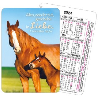 Spielkarte mit Kalendarium und der Jahreslosung 2024 als Tier-Motiv Pferde