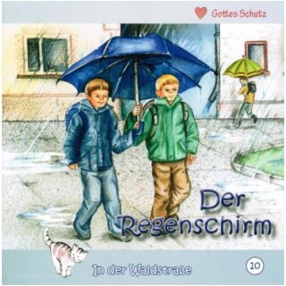 Zwei Jungs gehen im Regen mit Regenschirm